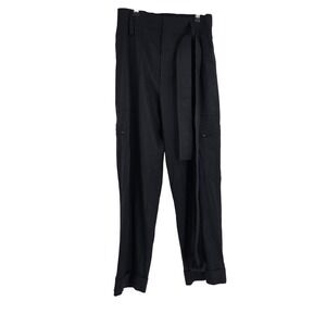 Vince Womens Belted Cargo Pants Black Linen Cuffed Tapered Zip Pockets Size S